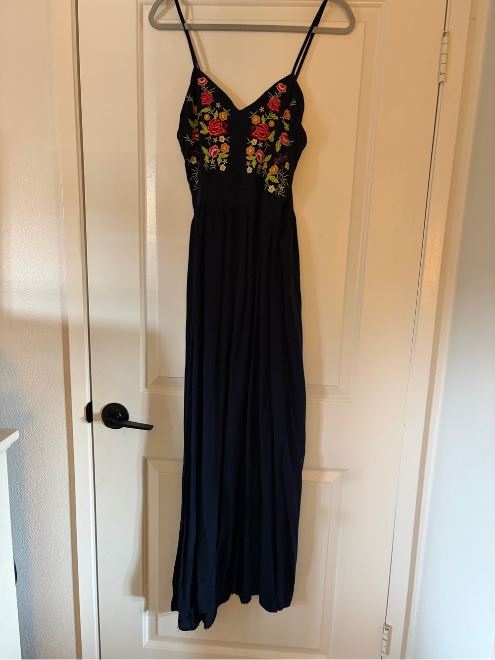 Black Floral Embroidered Maxi Dress - Sleeveless Spaghetti Strap